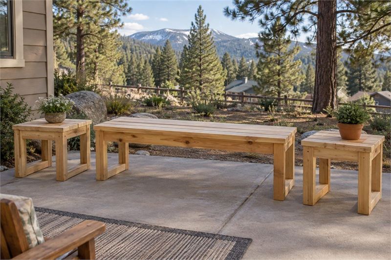 Example design: patio bench with side tables in pine