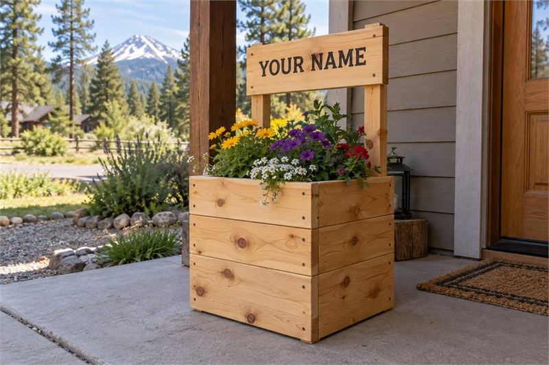 Example design: planter with name sign in pine